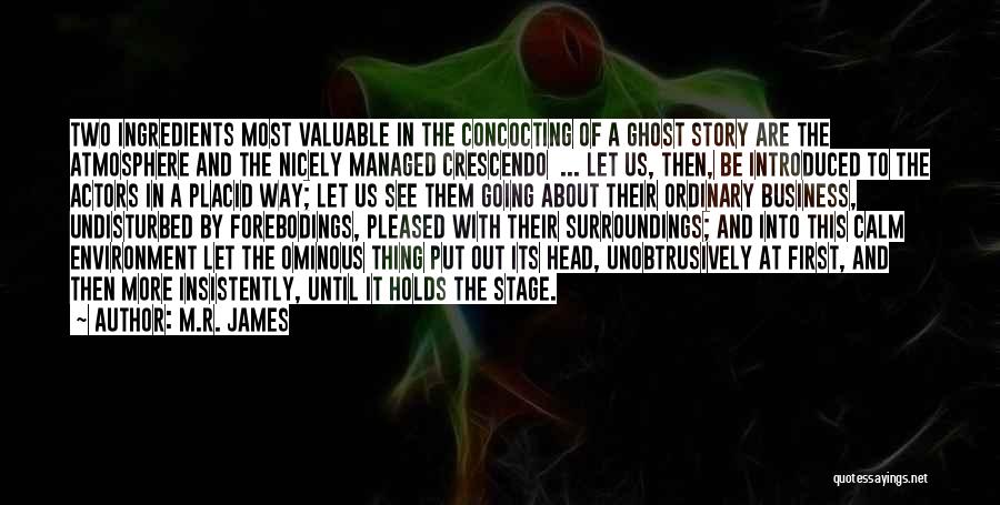 M.R. James Quotes: Two Ingredients Most Valuable In The Concocting Of A Ghost Story Are The Atmosphere And The Nicely Managed Crescendo ...