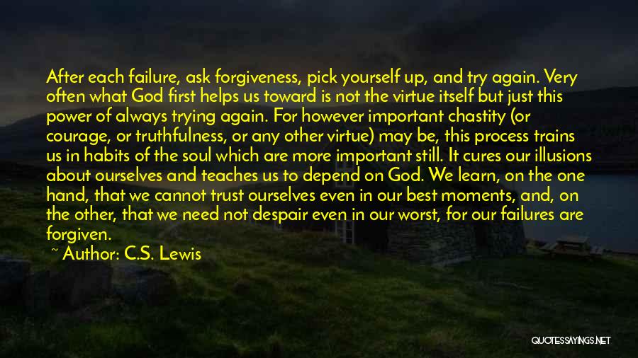 C.S. Lewis Quotes: After Each Failure, Ask Forgiveness, Pick Yourself Up, And Try Again. Very Often What God First Helps Us Toward Is