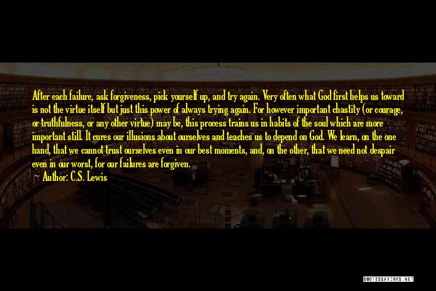 C.S. Lewis Quotes: After Each Failure, Ask Forgiveness, Pick Yourself Up, And Try Again. Very Often What God First Helps Us Toward Is