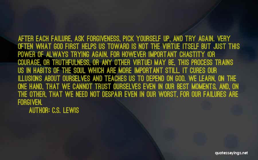 C.S. Lewis Quotes: After Each Failure, Ask Forgiveness, Pick Yourself Up, And Try Again. Very Often What God First Helps Us Toward Is