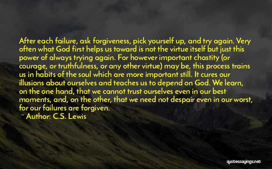 C.S. Lewis Quotes: After Each Failure, Ask Forgiveness, Pick Yourself Up, And Try Again. Very Often What God First Helps Us Toward Is