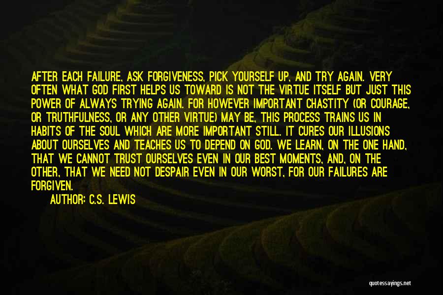 C.S. Lewis Quotes: After Each Failure, Ask Forgiveness, Pick Yourself Up, And Try Again. Very Often What God First Helps Us Toward Is