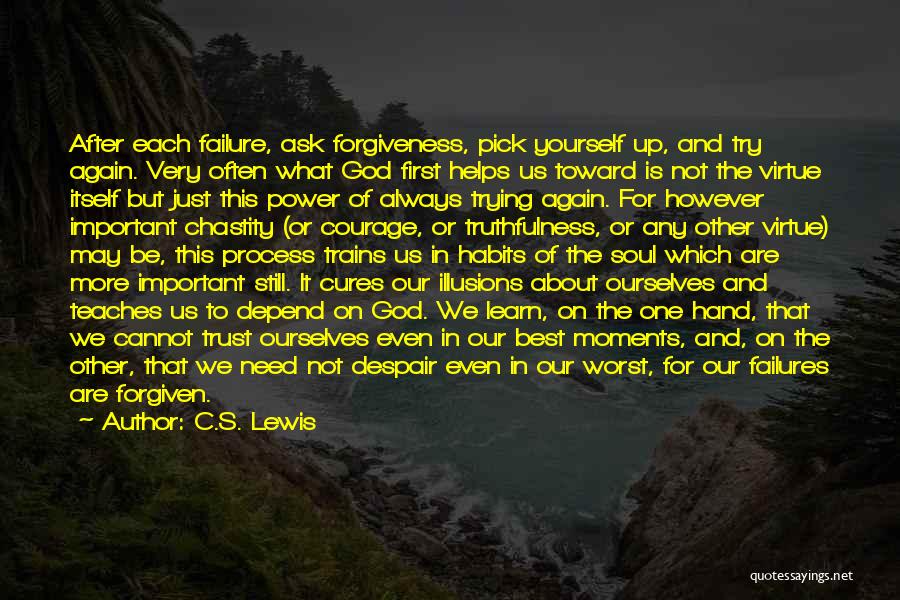 C.S. Lewis Quotes: After Each Failure, Ask Forgiveness, Pick Yourself Up, And Try Again. Very Often What God First Helps Us Toward Is