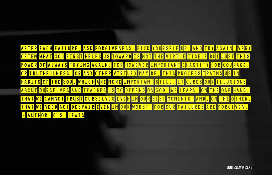C.S. Lewis Quotes: After Each Failure, Ask Forgiveness, Pick Yourself Up, And Try Again. Very Often What God First Helps Us Toward Is