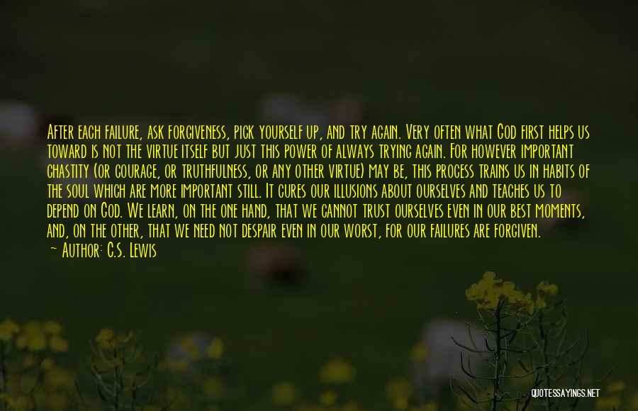 C.S. Lewis Quotes: After Each Failure, Ask Forgiveness, Pick Yourself Up, And Try Again. Very Often What God First Helps Us Toward Is