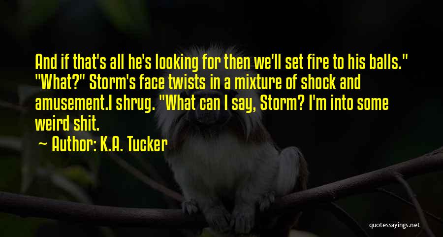 K.A. Tucker Quotes: And If That's All He's Looking For Then We'll Set Fire To His Balls. What? Storm's Face Twists In A