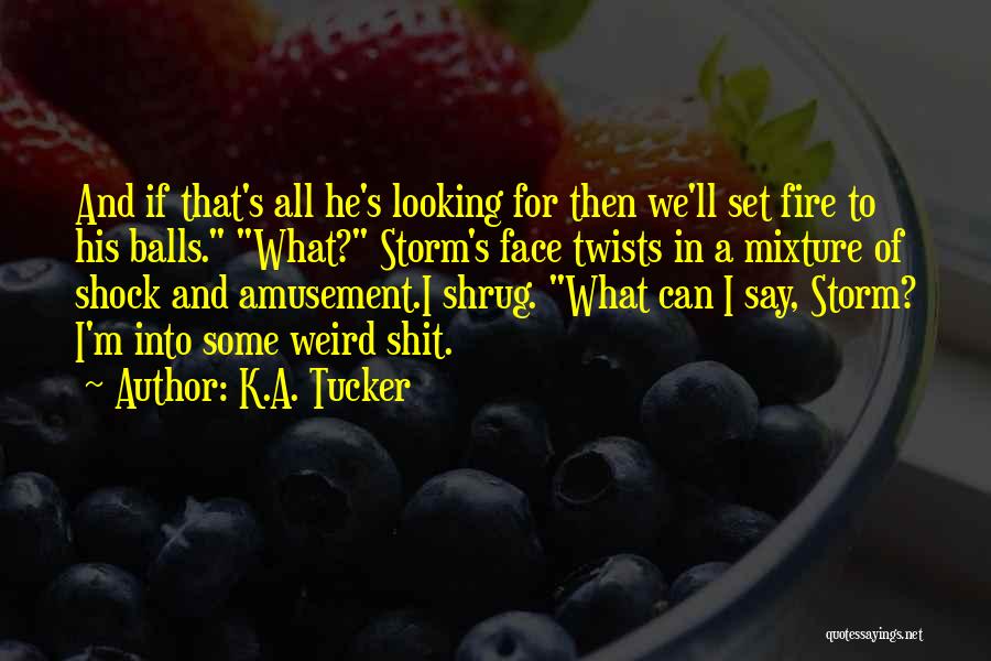 K.A. Tucker Quotes: And If That's All He's Looking For Then We'll Set Fire To His Balls. What? Storm's Face Twists In A