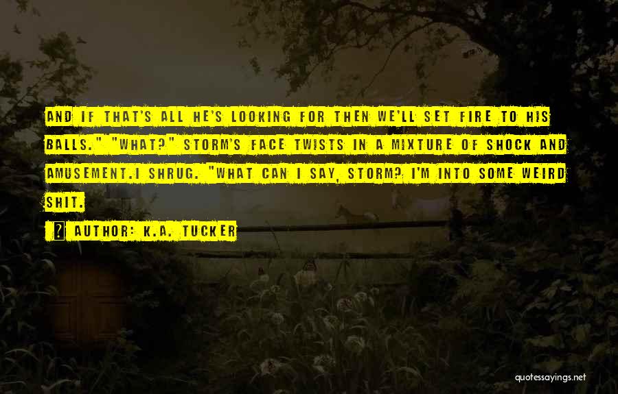 K.A. Tucker Quotes: And If That's All He's Looking For Then We'll Set Fire To His Balls. What? Storm's Face Twists In A