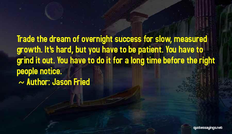 Jason Fried Quotes: Trade The Dream Of Overnight Success For Slow, Measured Growth. It's Hard, But You Have To Be Patient. You Have