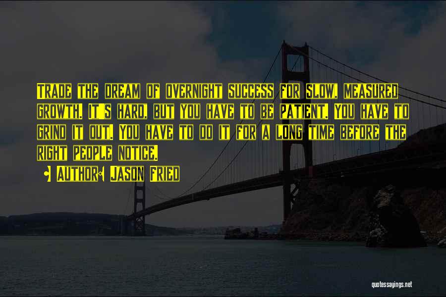 Jason Fried Quotes: Trade The Dream Of Overnight Success For Slow, Measured Growth. It's Hard, But You Have To Be Patient. You Have