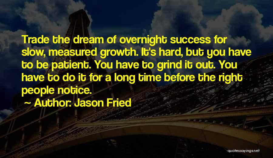 Jason Fried Quotes: Trade The Dream Of Overnight Success For Slow, Measured Growth. It's Hard, But You Have To Be Patient. You Have