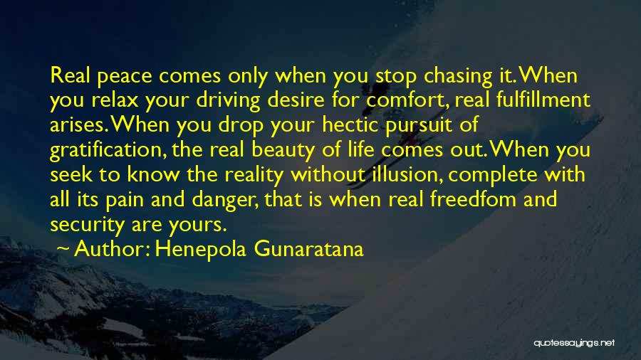 Henepola Gunaratana Quotes: Real Peace Comes Only When You Stop Chasing It. When You Relax Your Driving Desire For Comfort, Real Fulfillment Arises.