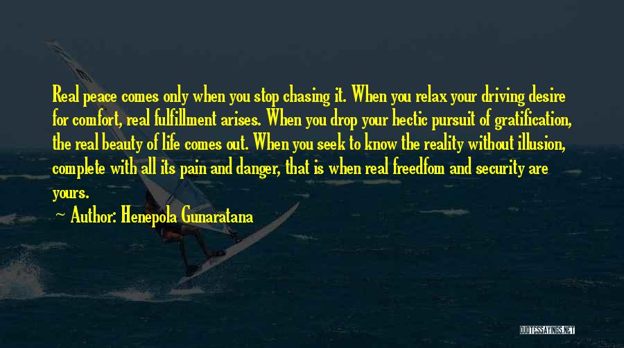 Henepola Gunaratana Quotes: Real Peace Comes Only When You Stop Chasing It. When You Relax Your Driving Desire For Comfort, Real Fulfillment Arises.