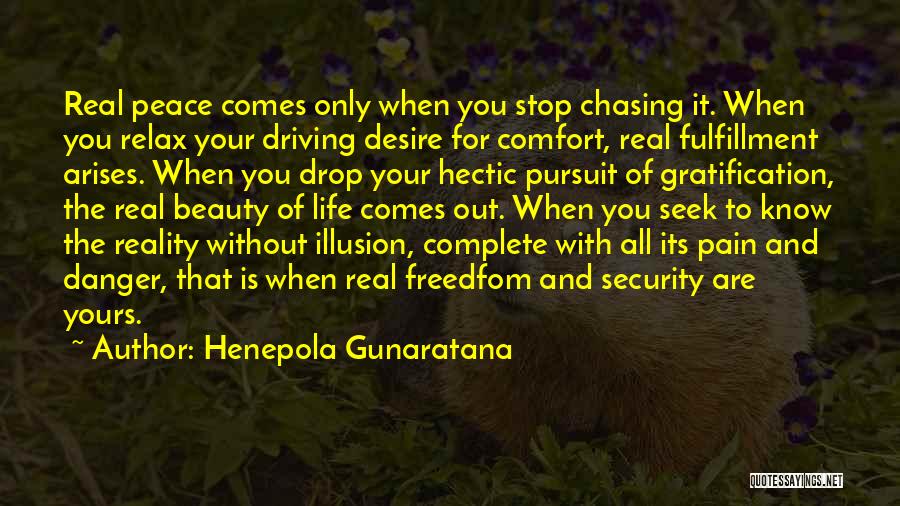 Henepola Gunaratana Quotes: Real Peace Comes Only When You Stop Chasing It. When You Relax Your Driving Desire For Comfort, Real Fulfillment Arises.