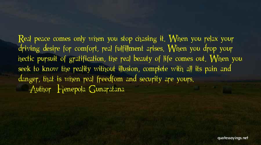 Henepola Gunaratana Quotes: Real Peace Comes Only When You Stop Chasing It. When You Relax Your Driving Desire For Comfort, Real Fulfillment Arises.