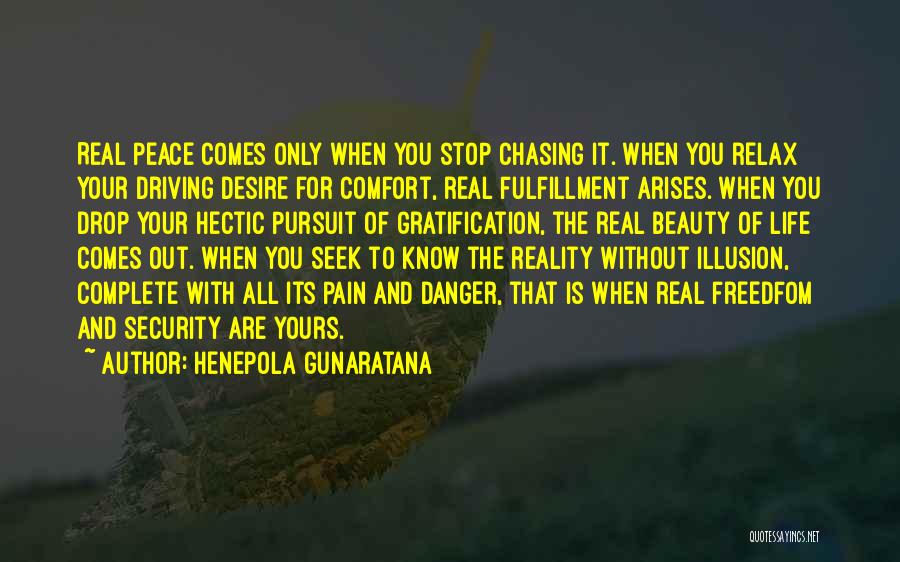 Henepola Gunaratana Quotes: Real Peace Comes Only When You Stop Chasing It. When You Relax Your Driving Desire For Comfort, Real Fulfillment Arises.