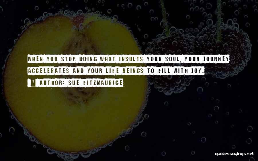 Sue Fitzmaurice Quotes: When You Stop Doing What Insults Your Soul, Your Journey Accelerates And Your Life Beings To Fill With Joy.