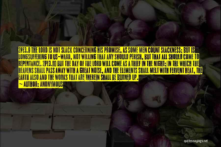 Anonymous Quotes: 2pe3.9 The Lord Is Not Slack Concerning His Promise, As Some Men Count Slackness; But Is Longsuffering To Us-ward, Not
