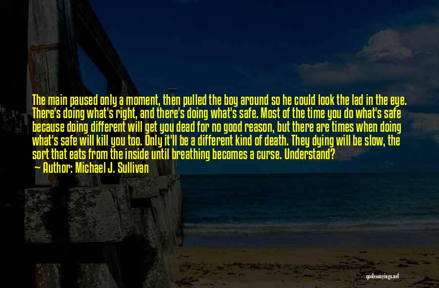 Michael J. Sullivan Quotes: The Main Paused Only A Moment, Then Pulled The Boy Around So He Could Look The Lad In The Eye.