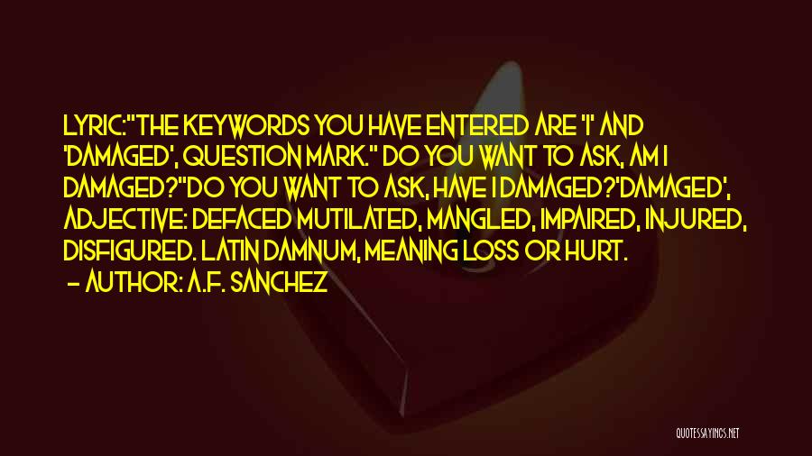 A.F. Sanchez Quotes: Lyric:the Keywords You Have Entered Are 'i' And 'damaged', Question Mark. Do You Want To Ask, Am I Damaged?do You