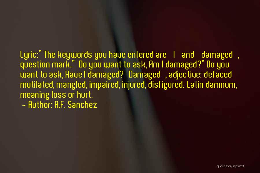 A.F. Sanchez Quotes: Lyric:the Keywords You Have Entered Are 'i' And 'damaged', Question Mark. Do You Want To Ask, Am I Damaged?do You