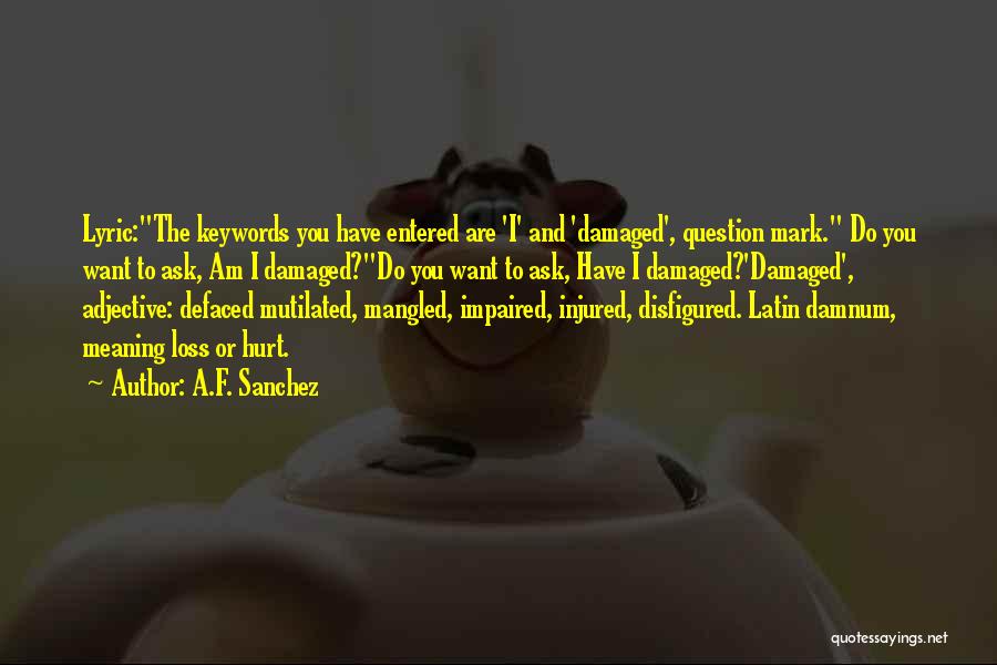 A.F. Sanchez Quotes: Lyric:the Keywords You Have Entered Are 'i' And 'damaged', Question Mark. Do You Want To Ask, Am I Damaged?do You