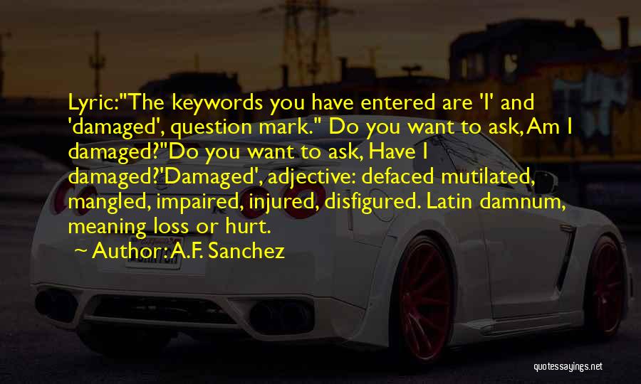 A.F. Sanchez Quotes: Lyric:the Keywords You Have Entered Are 'i' And 'damaged', Question Mark. Do You Want To Ask, Am I Damaged?do You