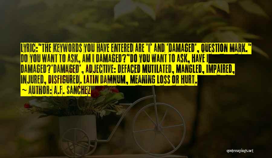 A.F. Sanchez Quotes: Lyric:the Keywords You Have Entered Are 'i' And 'damaged', Question Mark. Do You Want To Ask, Am I Damaged?do You