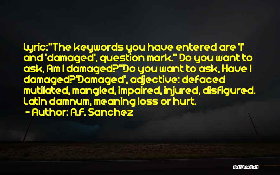 A.F. Sanchez Quotes: Lyric:the Keywords You Have Entered Are 'i' And 'damaged', Question Mark. Do You Want To Ask, Am I Damaged?do You