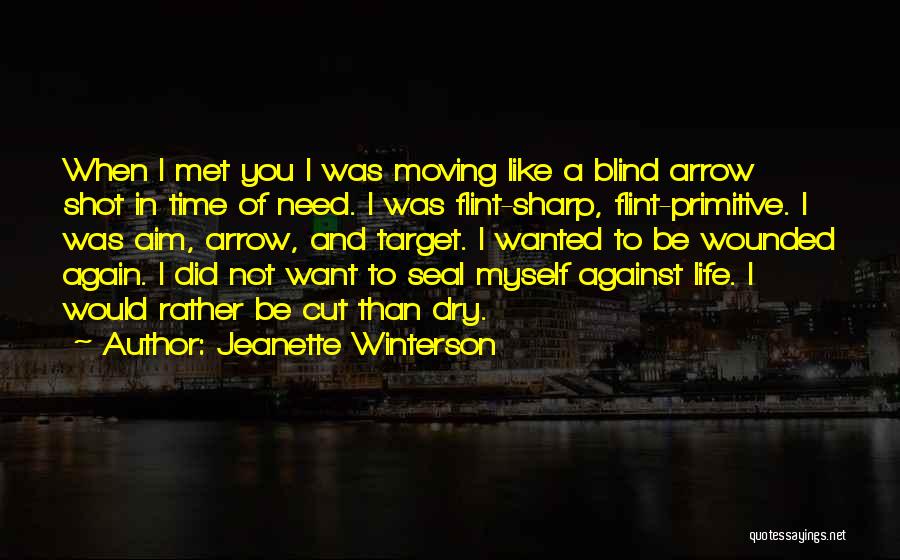 Jeanette Winterson Quotes: When I Met You I Was Moving Like A Blind Arrow Shot In Time Of Need. I Was Flint-sharp, Flint-primitive.