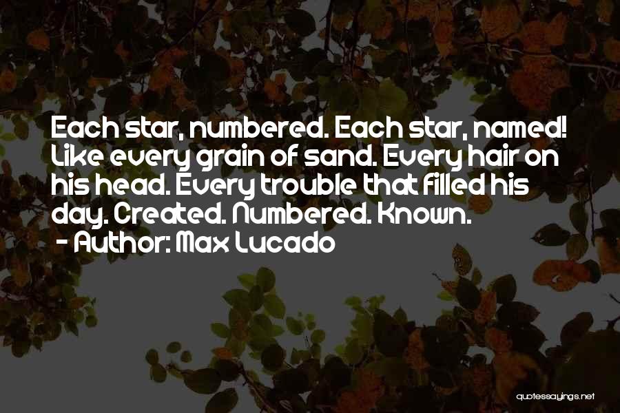 Max Lucado Quotes: Each Star, Numbered. Each Star, Named! Like Every Grain Of Sand. Every Hair On His Head. Every Trouble That Filled