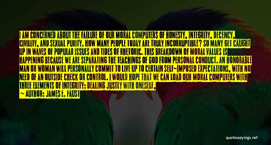 James E. Faust Quotes: I Am Concerned About The Failure Of Our Moral Computers Of Honesty, Integrity, Decency, Civility, And Sexual Purity. How Many