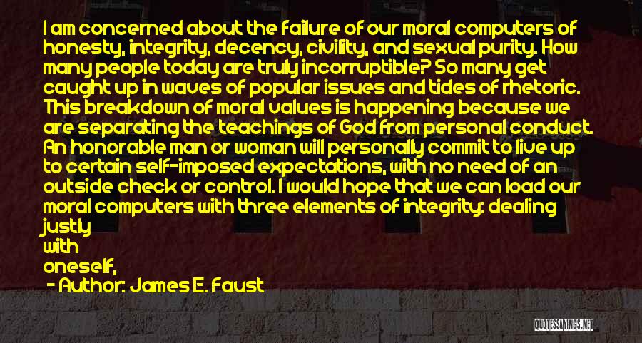 James E. Faust Quotes: I Am Concerned About The Failure Of Our Moral Computers Of Honesty, Integrity, Decency, Civility, And Sexual Purity. How Many