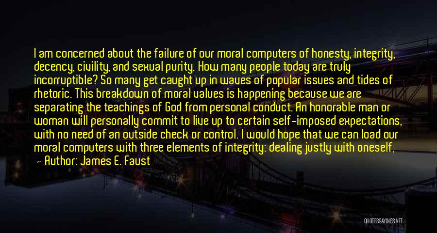 James E. Faust Quotes: I Am Concerned About The Failure Of Our Moral Computers Of Honesty, Integrity, Decency, Civility, And Sexual Purity. How Many