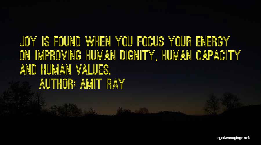 Amit Ray Quotes: Joy Is Found When You Focus Your Energy On Improving Human Dignity, Human Capacity And Human Values.