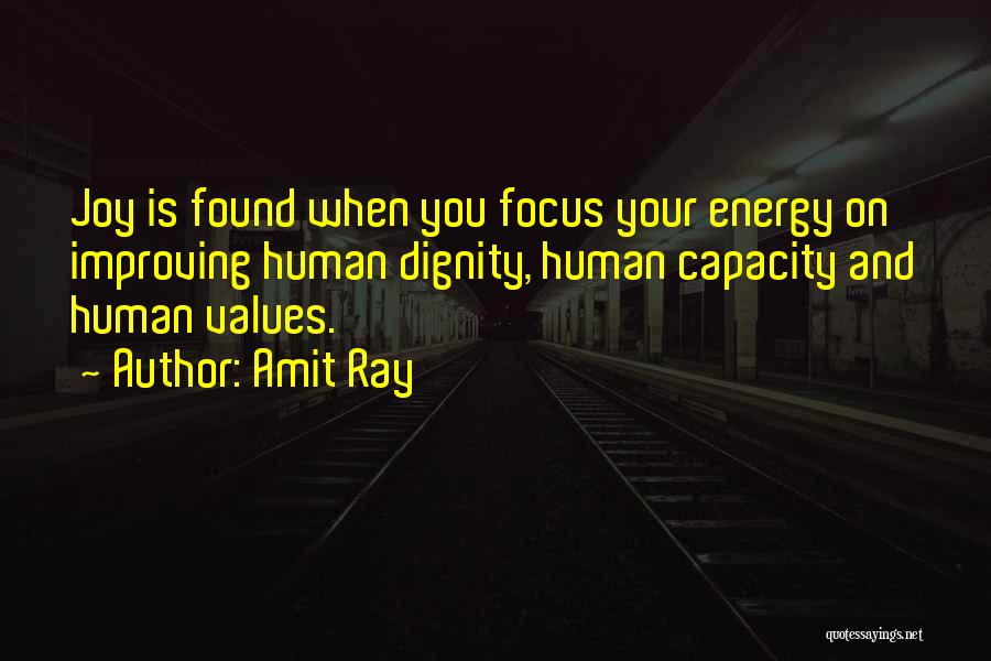 Amit Ray Quotes: Joy Is Found When You Focus Your Energy On Improving Human Dignity, Human Capacity And Human Values.