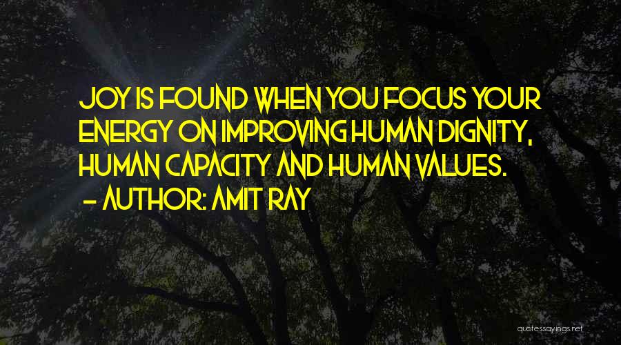 Amit Ray Quotes: Joy Is Found When You Focus Your Energy On Improving Human Dignity, Human Capacity And Human Values.