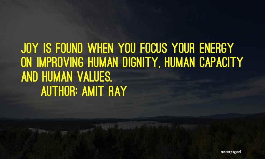 Amit Ray Quotes: Joy Is Found When You Focus Your Energy On Improving Human Dignity, Human Capacity And Human Values.