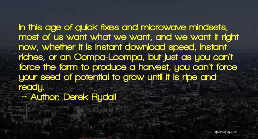 Derek Rydall Quotes: In This Age Of Quick Fixes And Microwave Mindsets, Most Of Us Want What We Want, And We Want It