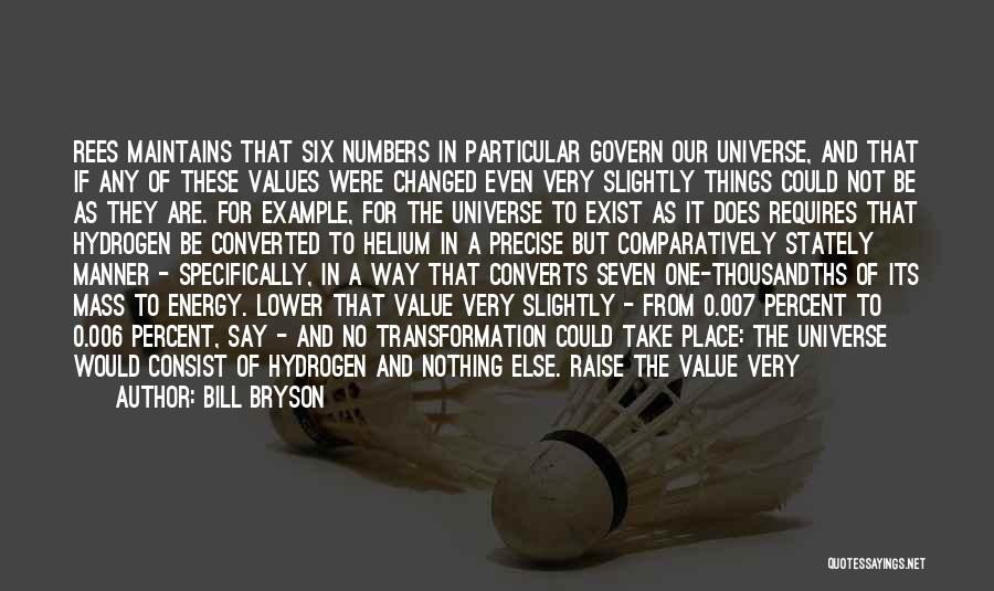 Bill Bryson Quotes: Rees Maintains That Six Numbers In Particular Govern Our Universe, And That If Any Of These Values Were Changed Even
