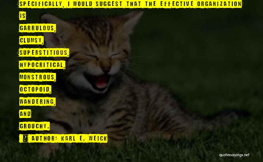 Karl E. Weick Quotes: Specifically, I Would Suggest That The Effective Organization Is Garrulous, Clumsy, Superstitious, Hypocritical, Monstrous, Octopoid, Wandering, And Grouchy.