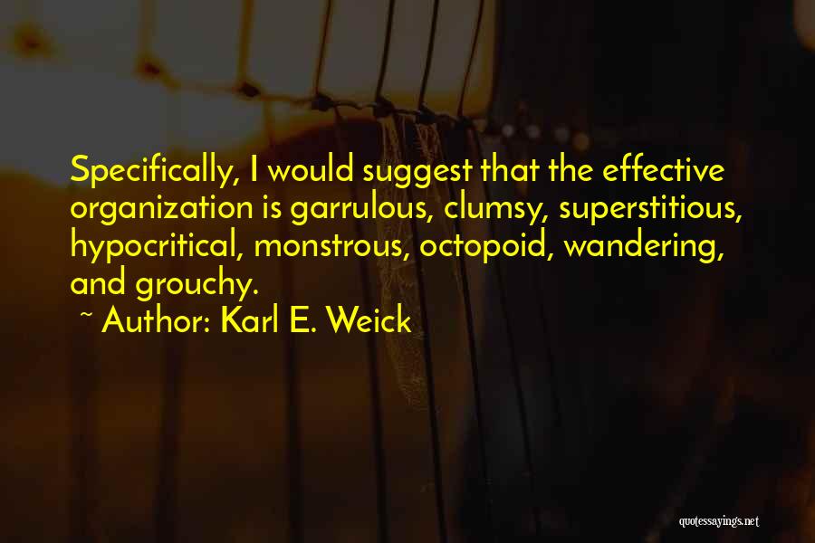 Karl E. Weick Quotes: Specifically, I Would Suggest That The Effective Organization Is Garrulous, Clumsy, Superstitious, Hypocritical, Monstrous, Octopoid, Wandering, And Grouchy.