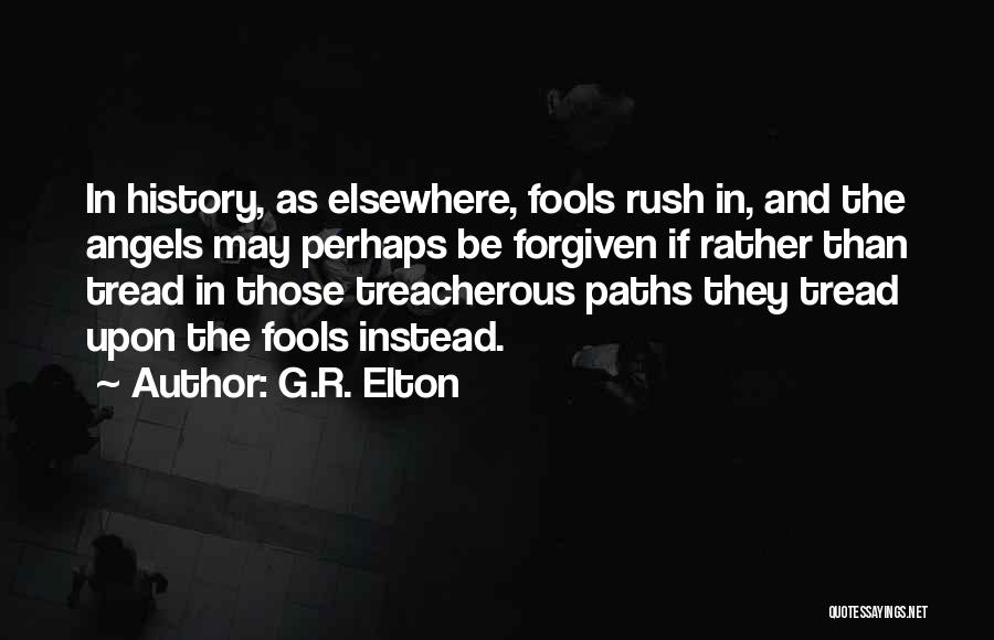 G.R. Elton Quotes: In History, As Elsewhere, Fools Rush In, And The Angels May Perhaps Be Forgiven If Rather Than Tread In Those