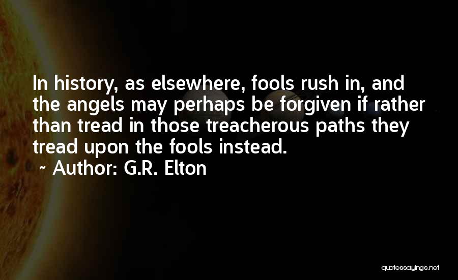 G.R. Elton Quotes: In History, As Elsewhere, Fools Rush In, And The Angels May Perhaps Be Forgiven If Rather Than Tread In Those