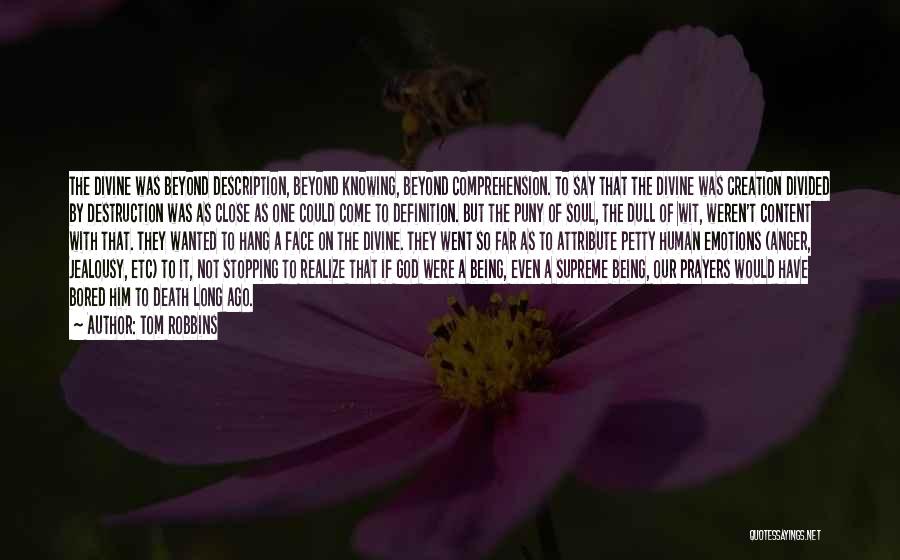 Tom Robbins Quotes: The Divine Was Beyond Description, Beyond Knowing, Beyond Comprehension. To Say That The Divine Was Creation Divided By Destruction Was