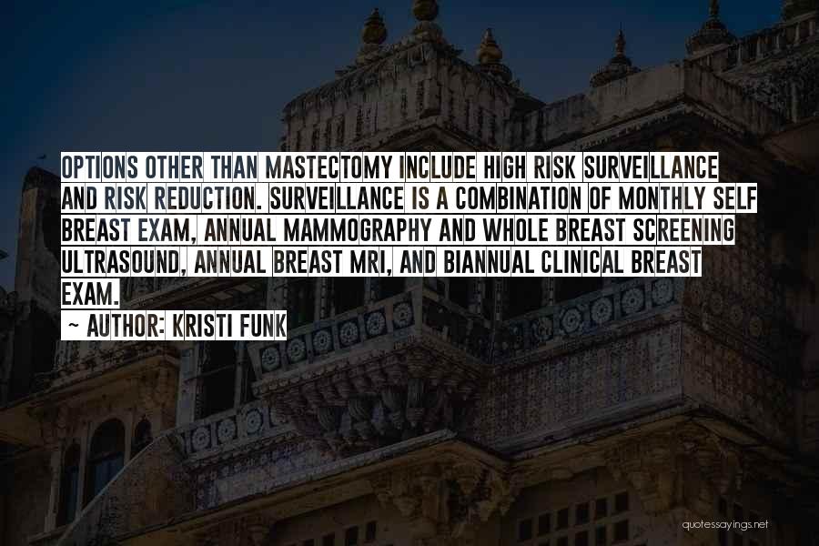 Kristi Funk Quotes: Options Other Than Mastectomy Include High Risk Surveillance And Risk Reduction. Surveillance Is A Combination Of Monthly Self Breast Exam,