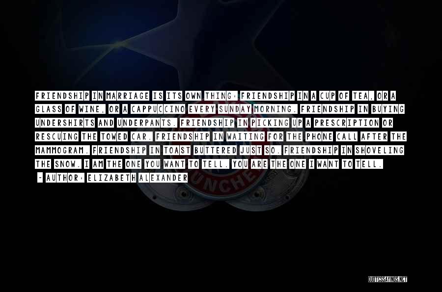 Elizabeth Alexander Quotes: Friendship In Marriage Is Its Own Thing: Friendship In A Cup Of Tea, Or A Glass Of Wine, Or A