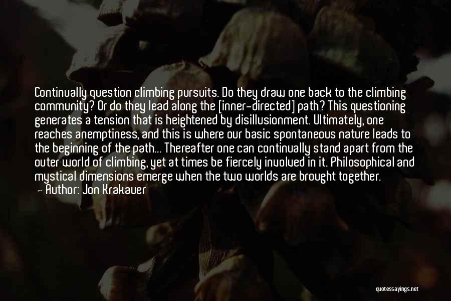 Jon Krakauer Quotes: Continually Question Climbing Pursuits. Do They Draw One Back To The Climbing Community? Or Do They Lead Along The [inner-directed]