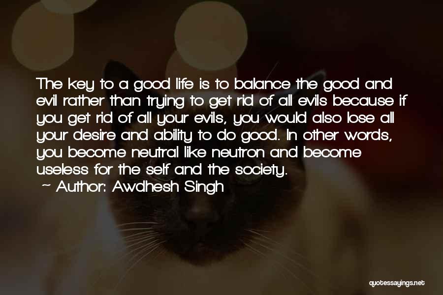 Awdhesh Singh Quotes: The Key To A Good Life Is To Balance The Good And Evil Rather Than Trying To Get Rid Of