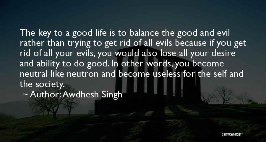 Awdhesh Singh Quotes: The Key To A Good Life Is To Balance The Good And Evil Rather Than Trying To Get Rid Of